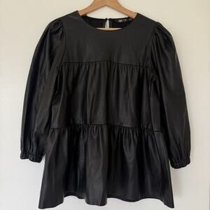 ZARA Ruffled Tiered Faux Leather Babydoll 3/4 Puff Sleeve Top Black Size Medium
